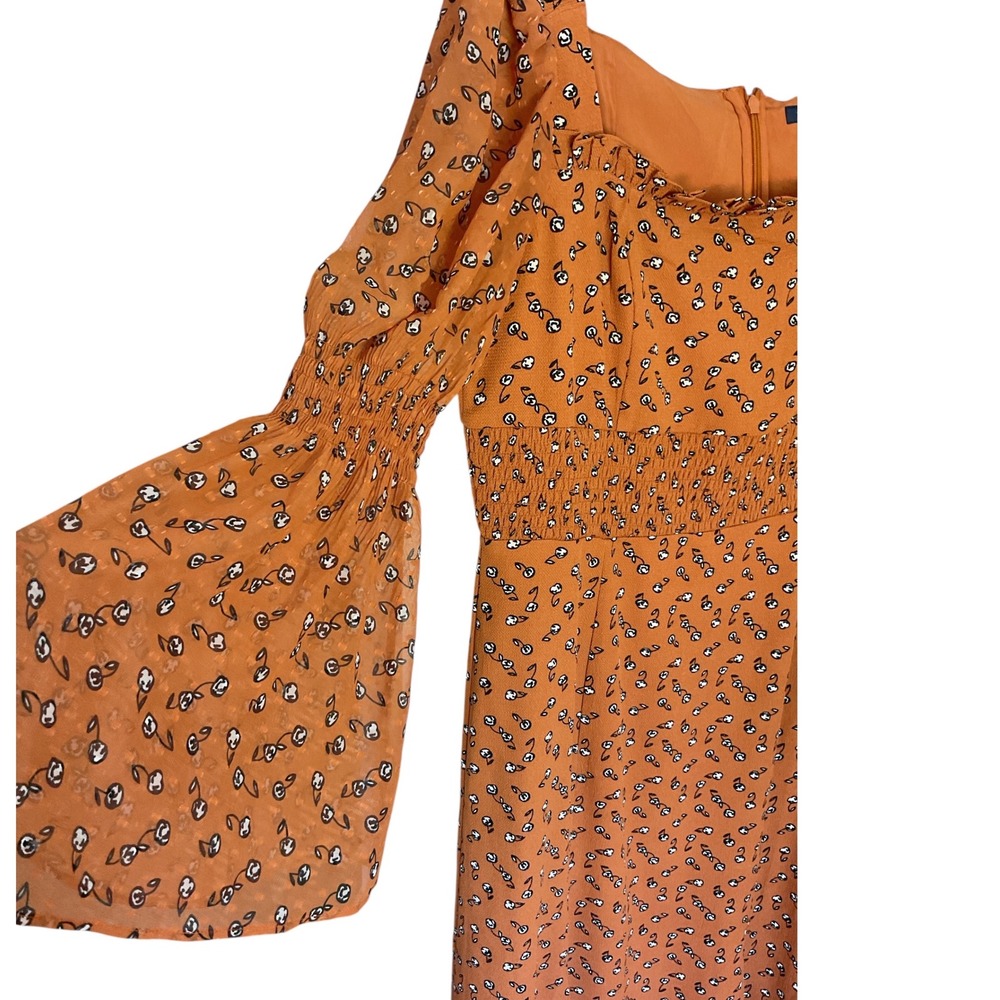 French Connection Dress Orange Floral Square Neck‎ Long Sleeve Midi